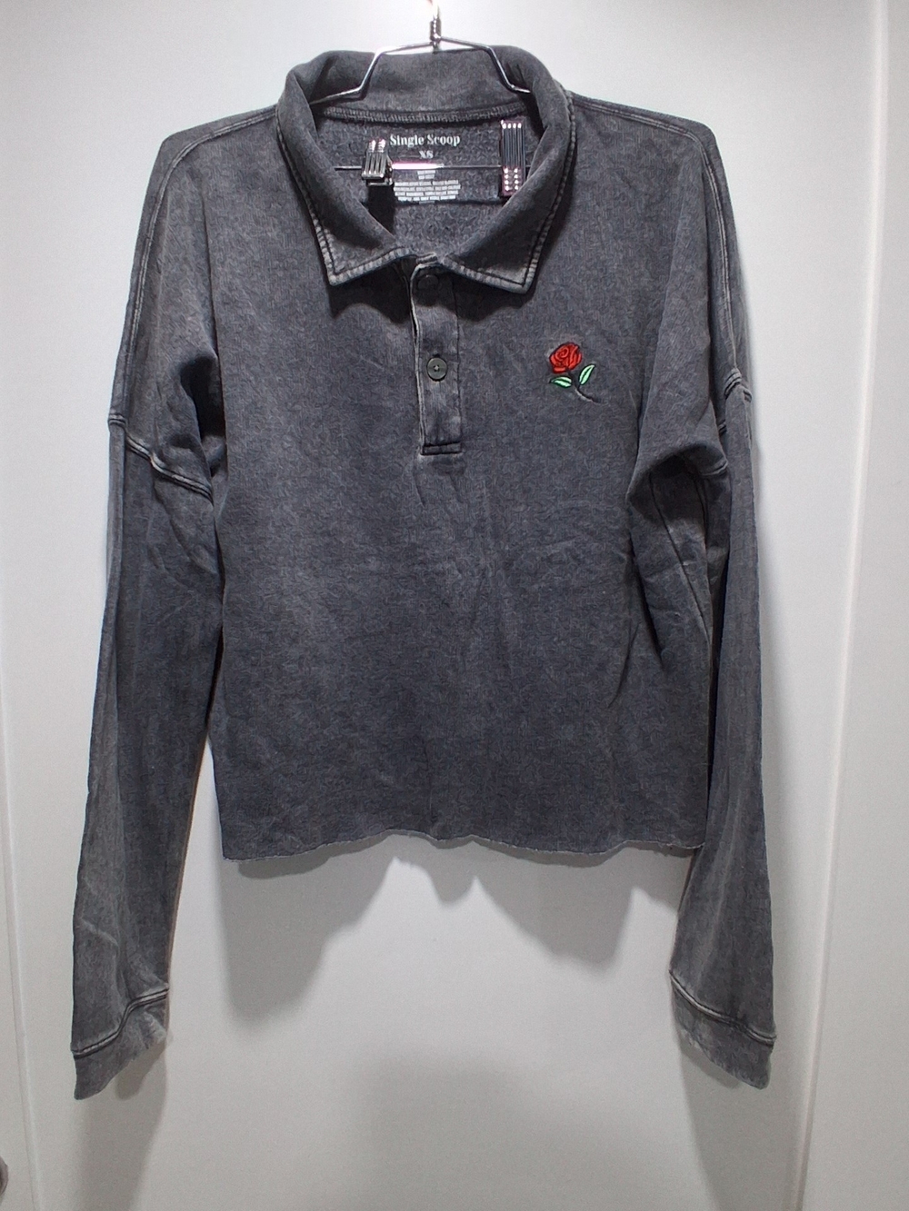 Single Scoop Acid Wash Long-Sleeve Polo with Rose Patch S